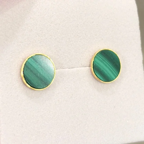 Vintage Malachite Gold Earrings: 18K solid yellow gold genuine inlay studs